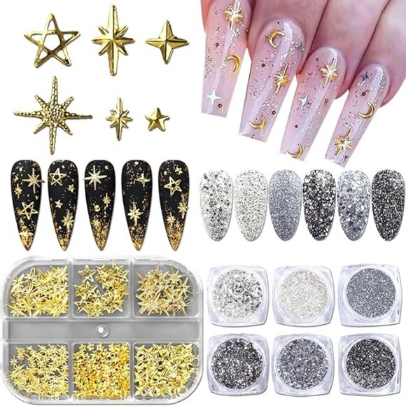 3D Metal Stars Nail Charms and Nail Art Glitter Flakes - Picture 1 of 3